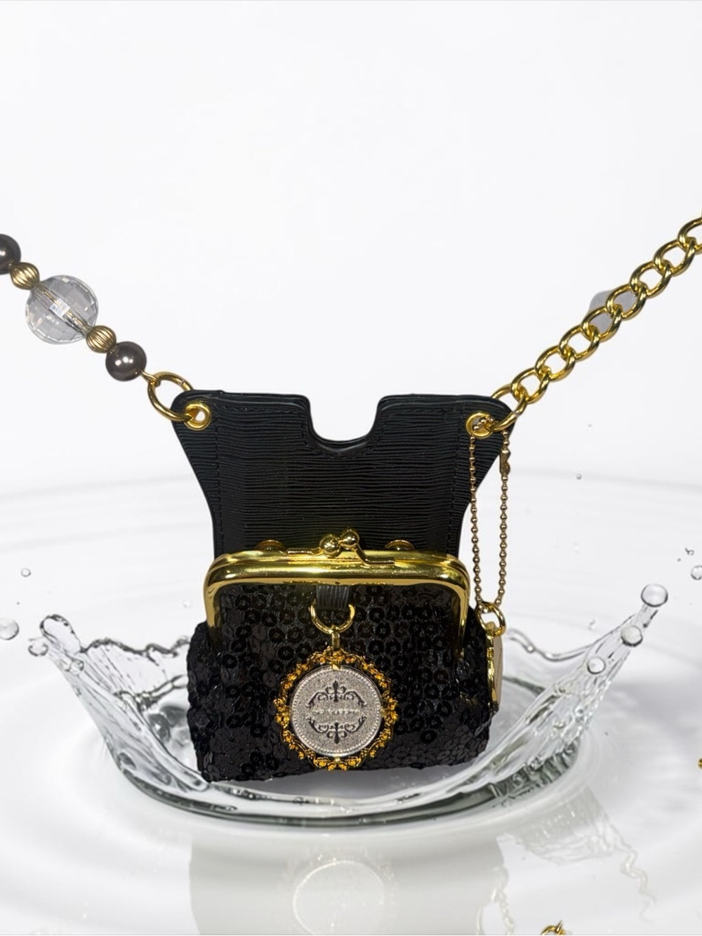 Big Buddha Black Sequin Mini Crossbody with Gold Chain